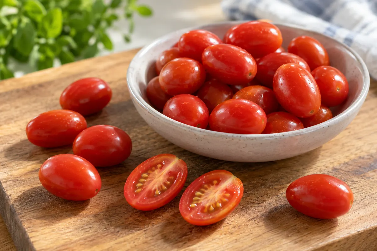 Дребни продълговати домати тип grape в купа и разрязани на дъска.