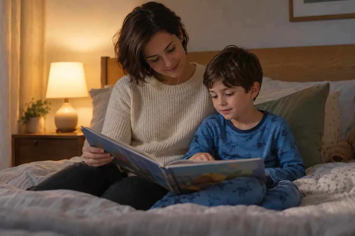 Родител и дете разглеждат книга преди лягане.