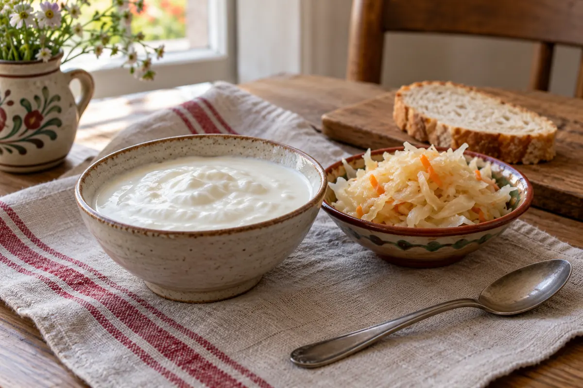 Кисело мляко и зеле, поднесени в отделни купички